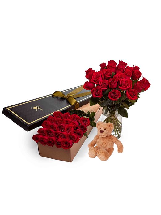 Roses - Red - 24 Stems with Bear