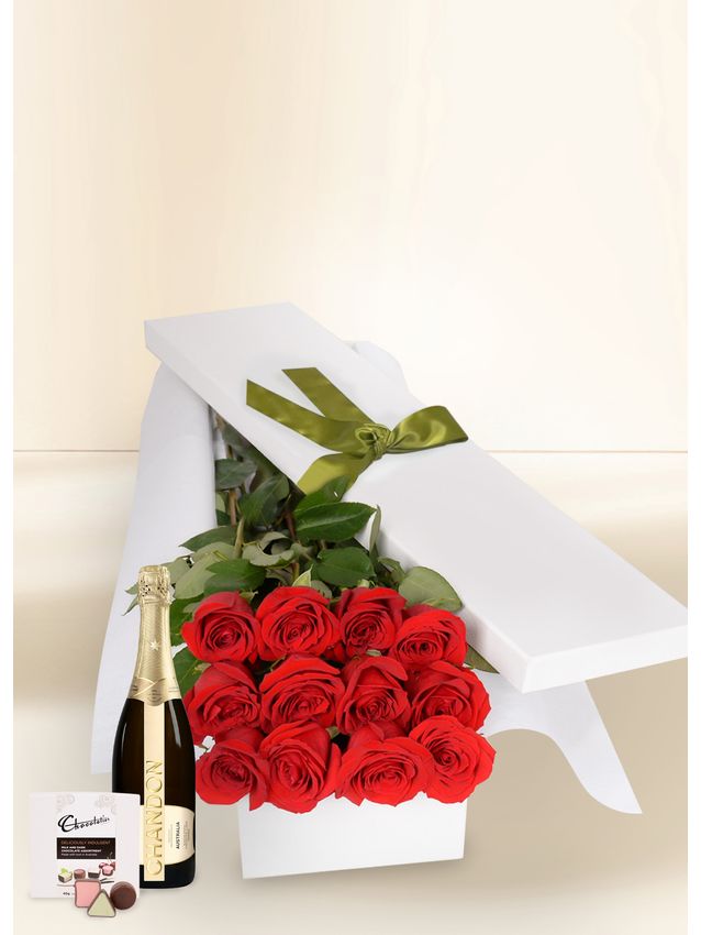 12 Red Rose Stems with Chocs & Chandon