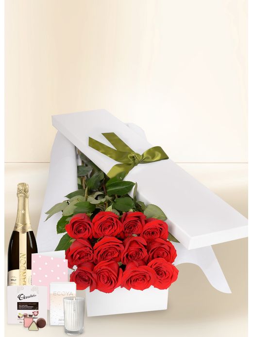 12 Red Rose Stems for Valentine's Day with Chocs, Candle, Chandon & Card