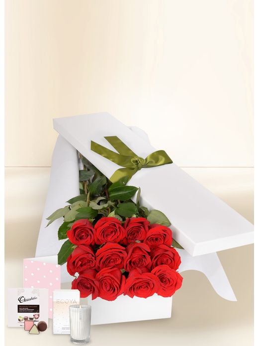 12 Red Rose Stems for Valentine's Day with Chocs, Candle & Card