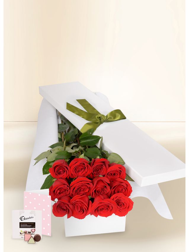 12 Red Rose Stems with Chocs & Card