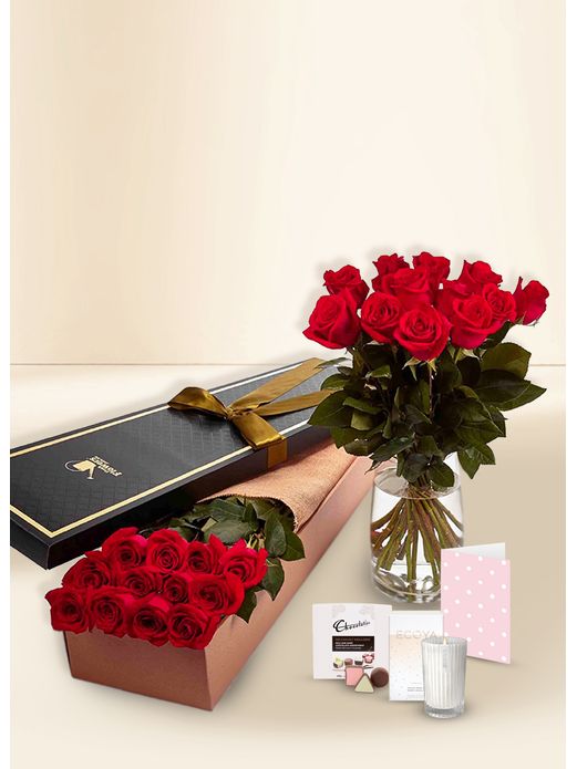 Roses - Red - 12 Stems for Valentine's Day With Chocs & Candle