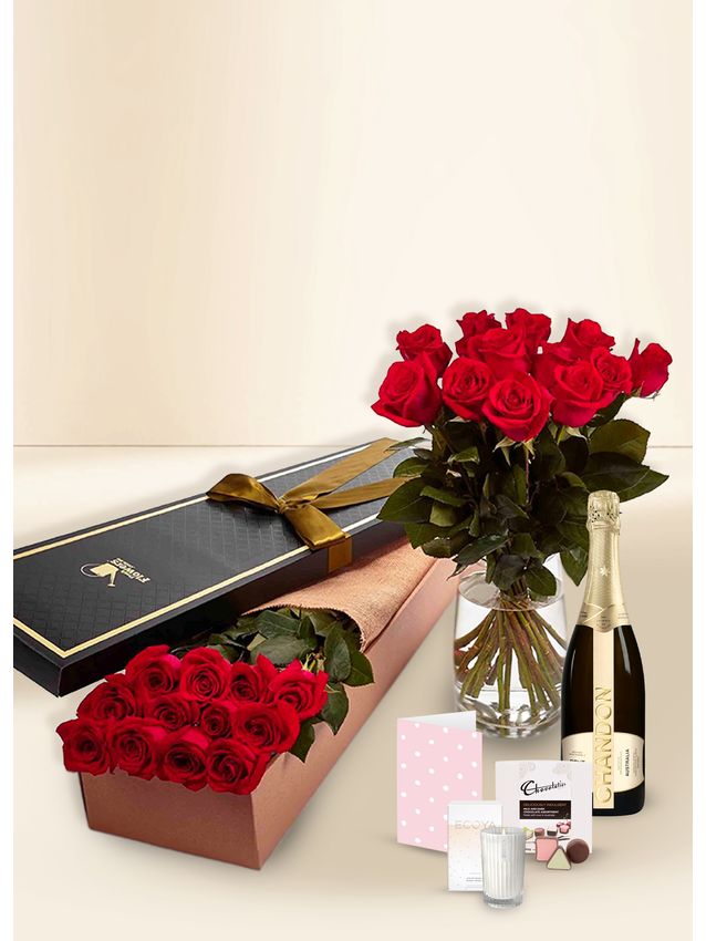 Roses - Red - 12 Stems With Chocs, Candle & Chandon
