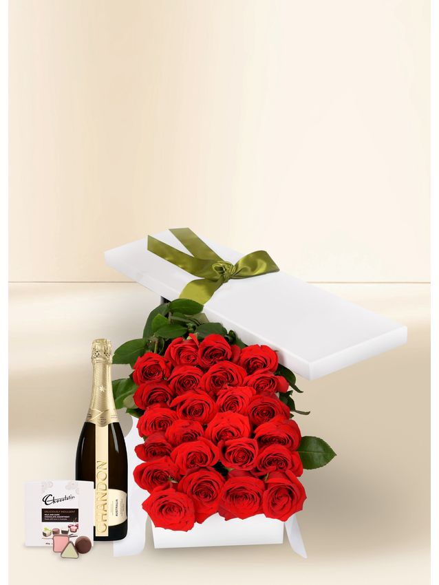 24 Red Rose Stems with Chocs & Chandon