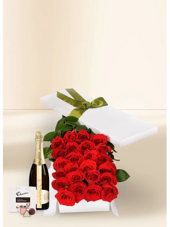 24 Red Rose Stems for Valentine's Day with Chocs & Chandon