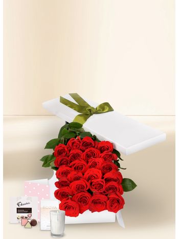 24 Red Rose Stems for Valentine's Day with Chocs, Candle & Card