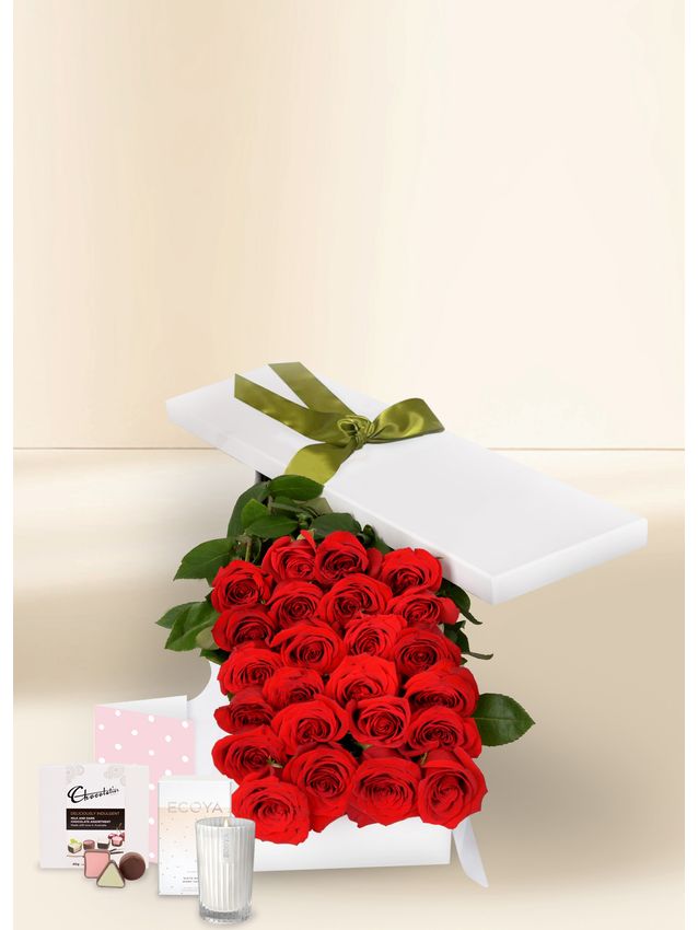 24 Red Rose Stems with Chocs, Candle & Card