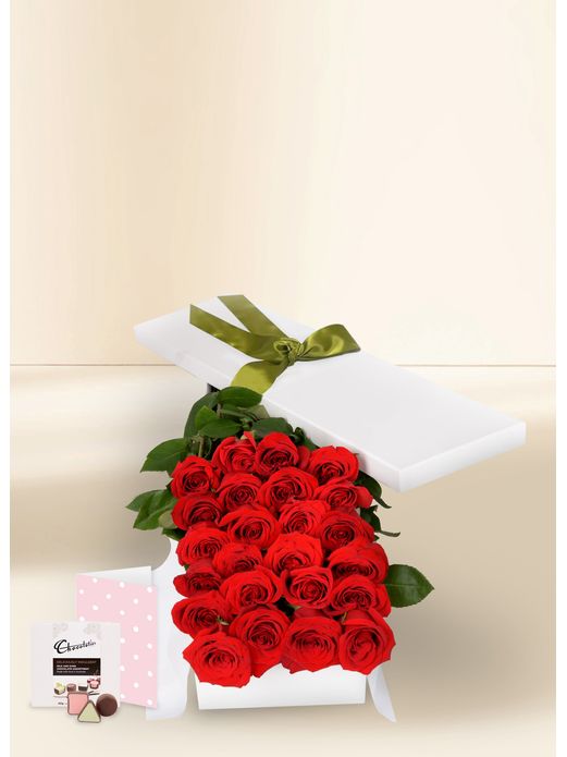 24 Red Rose Stems for Valentine's Day with Chocs & Card