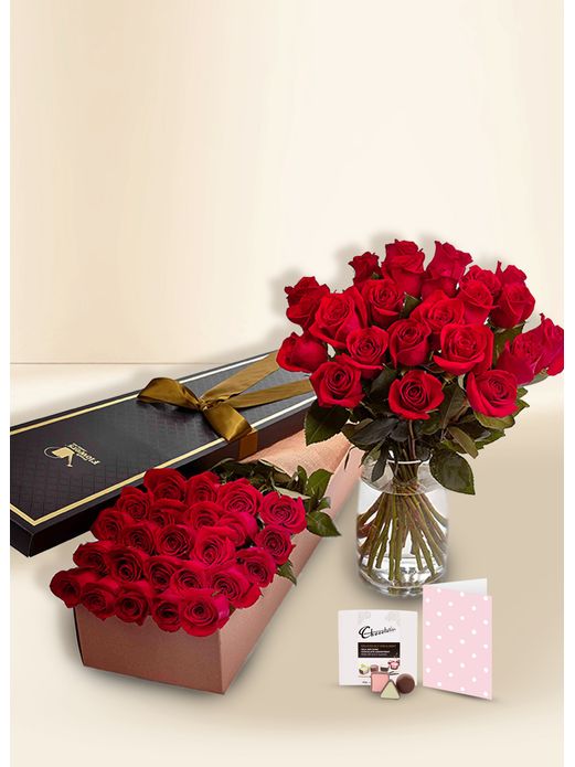 Roses - Red - 24 Stems for Valentine's Day With Chocs & Card