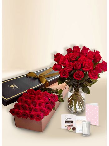 Roses - Red - 24 Stems for Valentine's Day With Chocs & Candle