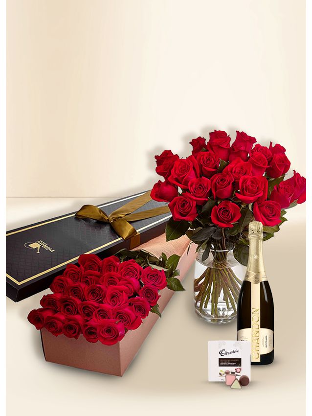 Roses - Red - 24 Stems With Chocs & Chandon