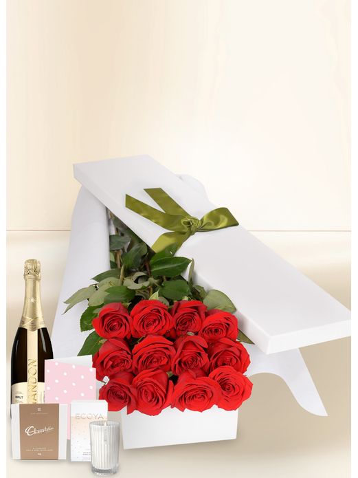 12 Red Rose Stems for Valentine's Day with Chocs, Candle, Chandon & Card