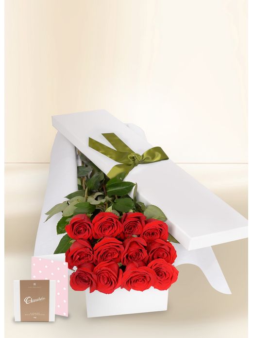 12 Red Rose Stems for Valentine's Day with Chocs & Card