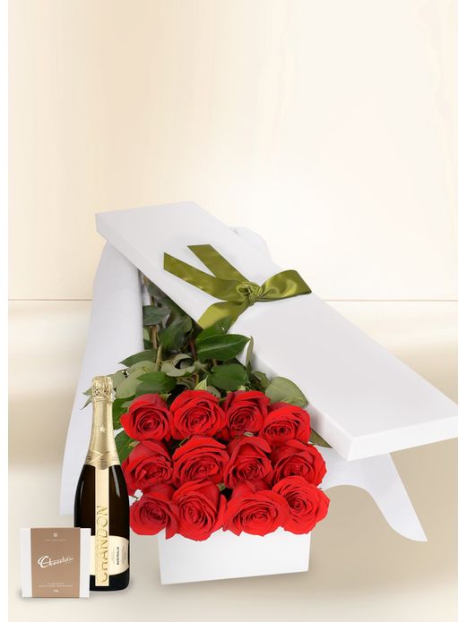 12 Red Rose Stems for Valentine's Day with Chocs & Chandon