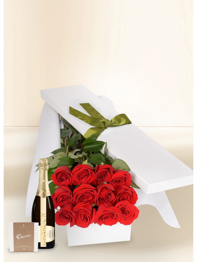 12 Red Rose Stems with Chocs & Chandon
