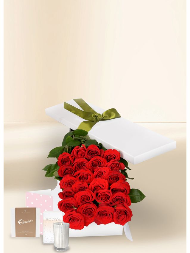 24 Red Rose Stems with Chocs, Candle & Card