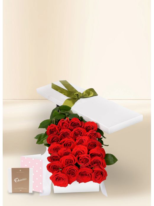 24 Red Rose Stems for Valentine's Day with Chocs & Card