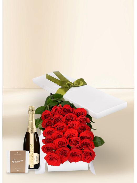 24 Red Rose Stems for Valentine's Day with Chocs & Chandon