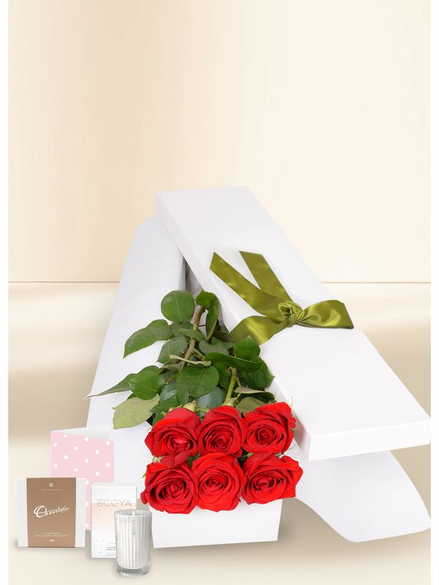 6 Red Rose Stems with Chocs, Candle & Card