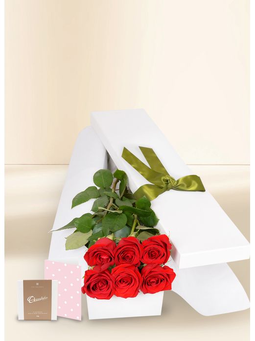 6 Red Rose Stems for Valentine's Day with Chocs & Card
