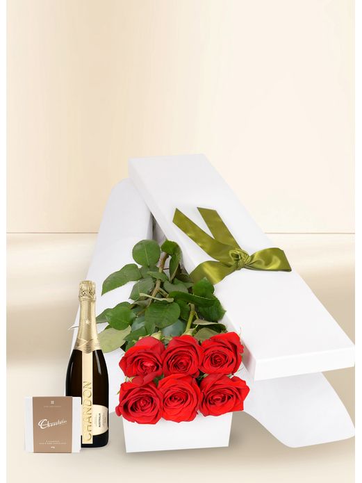 6 Red Rose Stems for Valentine's Day with Chocs & Chandon