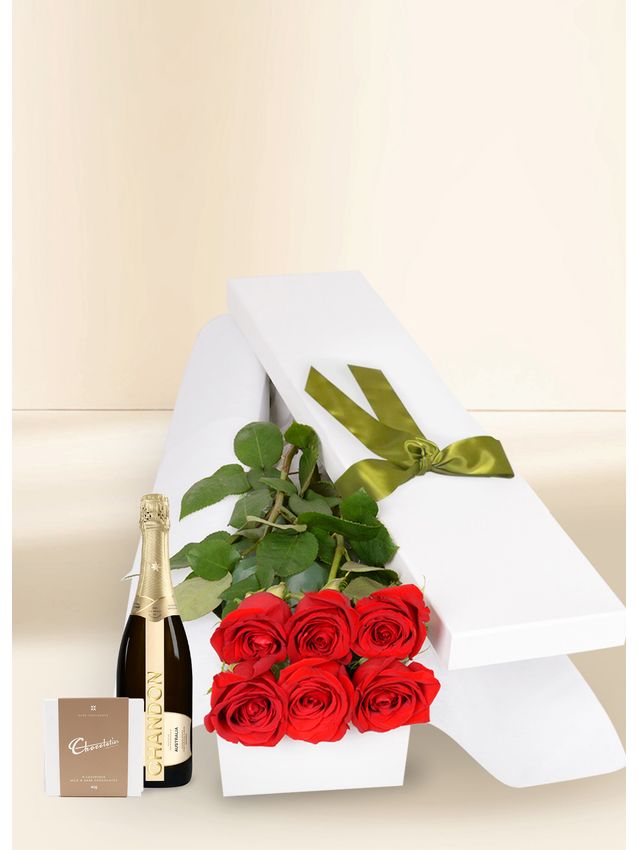 6 Red Rose Stems with Chocs & Chandon