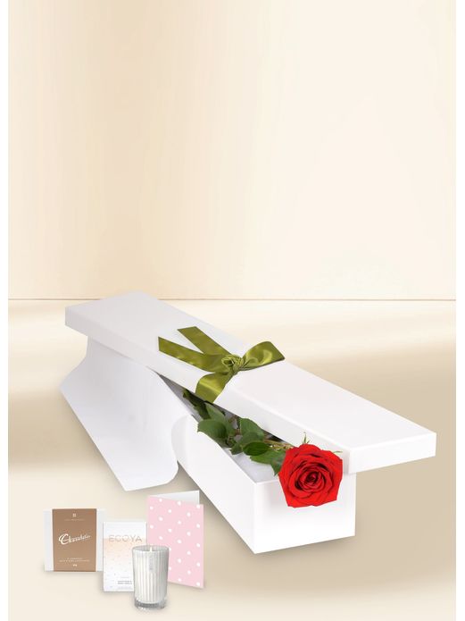 Single Stem Red Rose for Valentine's Day with Chocs, Candle & Card