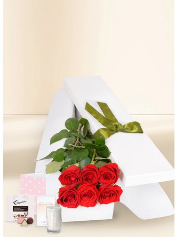 6 Red Rose Stems for Valentine's Day with Chocs, Candle & Card