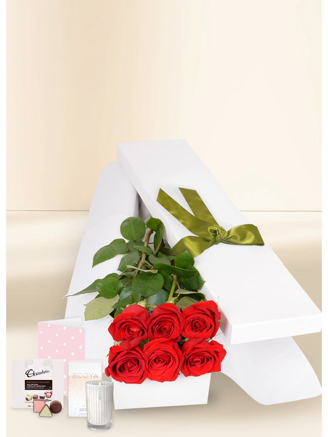 6 Red Rose Stems with Chocs, Candle & Card