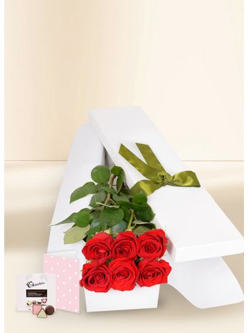 6 Red Rose Stems for Valentine's Day with Chocs & Card