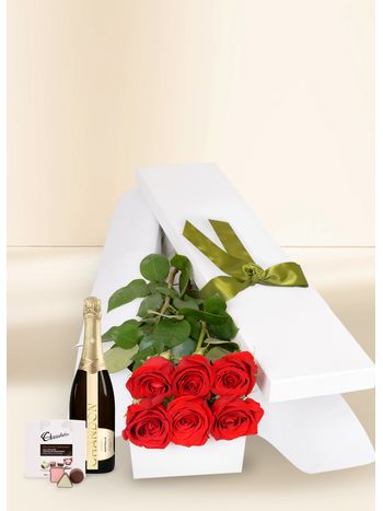 6 Red Rose Stems for Valentine's Day with Chocs & Chandon