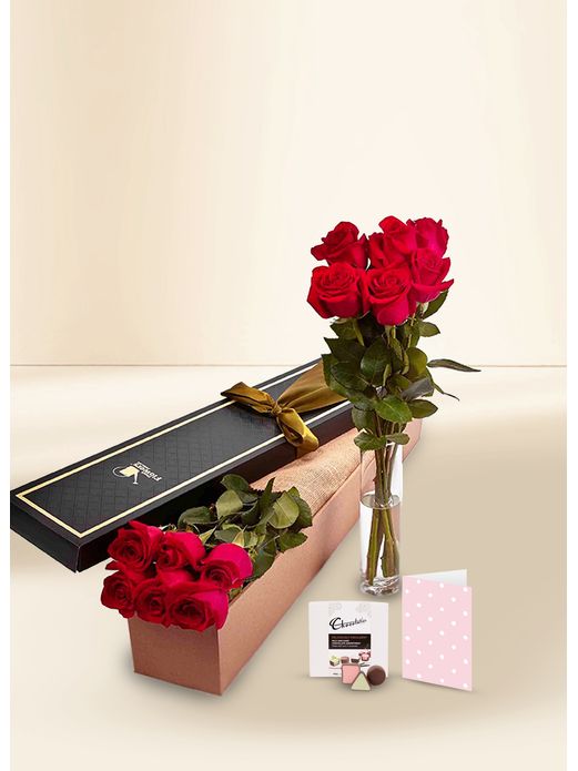 Roses Red - 6 Stems for Valentine's Day With Chocs & Card